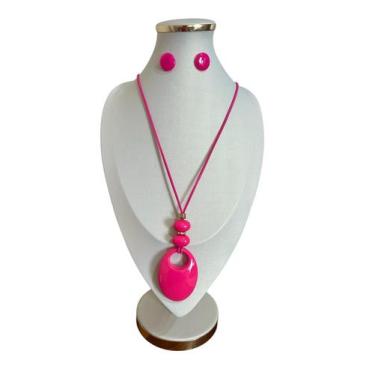 Imagem de Maxi Colar Elegante Feminino Pedra Resina Cordão Kit Brinco - MLBpel, 