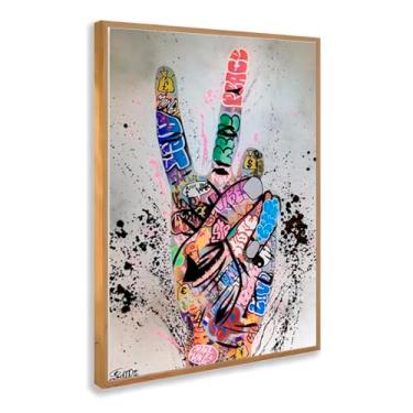 Imagem de Quadro Decorativo Mão Paz Grafitada Arte Urbana Estilo Colorido Criativo Frase Liberdade Amor Rua Moderna Com Moldura