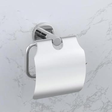 Imagem de Acessórios para banheiro cromados polidos, porta-escova de vaso sanitário, porta-toalhas, saboneteira, prateleira de vidro, gancho para papel higiênico (com capa)