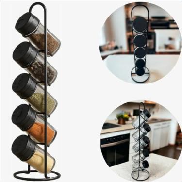 Imagem de Porta Condimentos com Suporte Vertical – Kit 5 Potes de Vidro com Tampa Giratória – Organizador de Temperos – Estrutura em Ferro – Preto