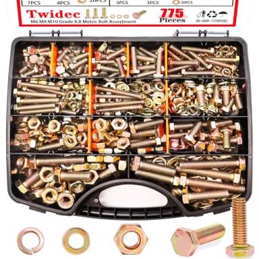 Imagem de Twidec /775PCS sortido de parafusos métricos, kit sortido de porcas e parafusos de cabeça sextavada grau 8,8, M6/M8/M10 (12-60 mm), kit de parafusos e porcas resistentes M6/M8/M10 (12-60 mm), arruela