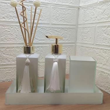 Imagem de Kit Banheiro Lavabo com Bandeja de Vidro, Porta Sabonete Líquido, Difusor Aromático, Porta Escova e Pincel Make – Organização e Decoração Premium para Banheiro (Branco e Dourado)