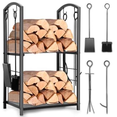 Imagem de Suporte de Lenha, Suporte de Lenha de Metal, 5 Kit Lareira, Kit Lareira com Cesto Ornamentado, 30x40x73, 2 Camadas de Armazenamento de Madeira