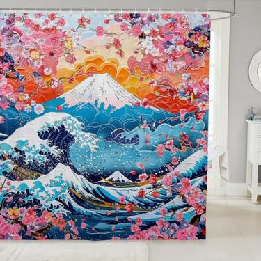 Imagem de Cortina de banho japonesa Ukiyoe, paisagem de montanha, oceano azul, cortina de chuveiro para crianças, meninos, pintura a óleo rosa cerejeira cortina impermeável com ganchos para barracas, 182 cm L x