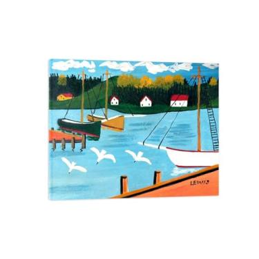 Imagem de Maud Lewis Impressão de arte de parede em tela - Imagem de arte em tela com moldura de madeira - barcos no porto - reprodução de pintura de paisagem pôster para casa 80 x 95 cm 31 x 37 polegadas