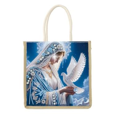 Imagem de MVVMTOP Kit de pintura de diamante, bolsa de lona artificial de cristal 5D DIY Madonna e a pomba, arte de diamante, forma especial, bolsa de lona artificial de cristal, bolsa de armazenamento de