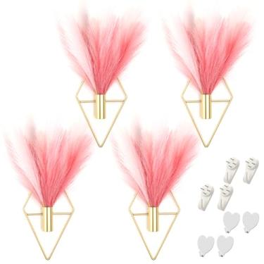 Imagem de Hanaive 4 conjuntos de vasos de parede boho para decoração de parede de metal com exibição artificial de pampas, vaso doméstico moderno para quarto, escritório em casa (cor de pasta de feijão, bege