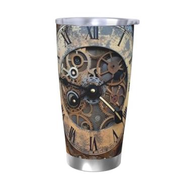 Imagem de HJBNW Copo de aço inoxidável de 590 ml, com tampa e palha, parede dupla, isolada a vácuo, caneca de café, relógio steampunk, copos de café, copo reutilizável, caneca térmica