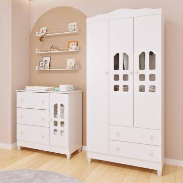 Imagem de Quarto de Bebê Cômoda com Fraldário Guarda Roupa Mirelle 3 Portas Branco Carolina Baby