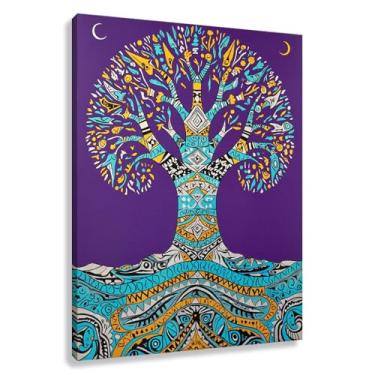 Imagem de Árvore da Vida Arte de parede Impressão em tela com padrões geométricos para decoração de sala de estar Pintura em roxo 45x60cmx1