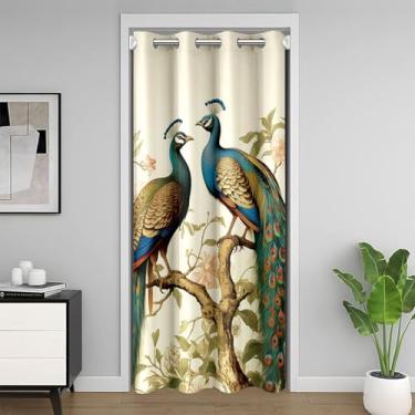 Imagem de Cortina de porta vintage pavão estilo japonês escurecimento cortina blackout rosa pastéis flores todas as estações pássaros selvagens animal porta drapeada 132 cm L x 203 cm C
