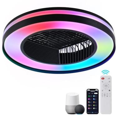 Imagem de HUMHOLD Ventoinhas de teto inteligentes de baixo profle com luzes RGB remota/controle de aplicativo/voz, ventiladores de teto sem lâmina de 50 cm com 6 velocidades, temporizador, motor CC silencioso