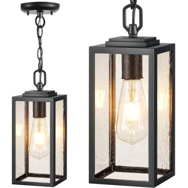 Imagem de VIANIS Luzes para pendurar ao ar livre, luminárias pendentes externas para varanda frontal, iluminação de pátio externa preta moderna com vidro temperado sementeado, corrente ajustável antiferrugem