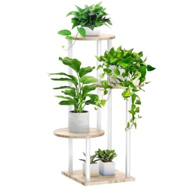 Imagem de SMFANLIN Suporte alto de madeira de metal branco de 4 camadas, suporte de vaso de flores para várias plantas, suporte de canto para sala de estar, varanda, pátio, jardim