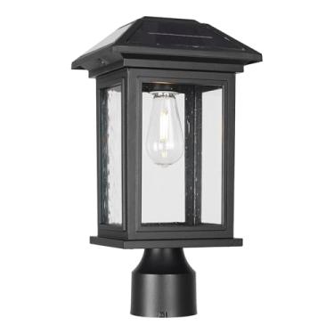 Imagem de Rosient Poste de luz solar para ambientes externos, à prova d'água, antiferrugem, com vidro transparente, lâmpada LED alimentada por energia solar para jardim, jardim da frente, varanda, garagem e