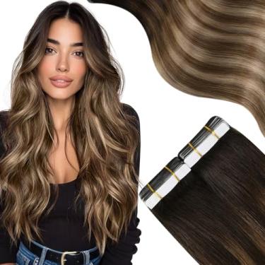 Imagem de Moresoo Extensões de cabelo humano com fita adesiva nº 4 marrom ombré para 10 marrom dourado com 16 cabelos lisos loiros dourados sedosos, extensões de cabelo humano real invisível 20 peças 50 g 50 cm