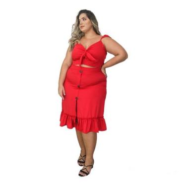 Imagem de Conjunto Feminino Cropped Top Saia Midi Botões Fenda - Thania Moda Fem