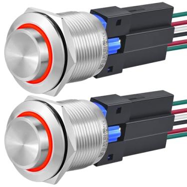 Imagem de ZJWZJH Interruptor De Botão Pressão 22 Mm Com Travamento Momentâneo, Redondo, À Prova D'Água Ip67, Liga/Desliga, Aço Inoxidável 304 Led 12 V Para Fio 7/8", 2 Peças (Vermelho, V)