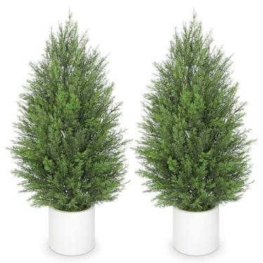Imagem de Briful 2 peças de topiaria de cedro artificial de 90 cm em vaso branco – vasos de plantas perenes falsas compactas com folhas densas realistas em camadas, ciprestes falsos realistas para casa
