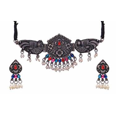 Imagem de Ghungroo indiano antigo prata afegã oxidada polonês sinos boho cigano tribal declaração multi espelho gargantilha colar brincos joias para mulheres meninas, 19 cm, Metal, Sem Pedra Preciosa