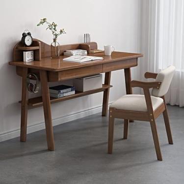 Imagem de Secretária de madeira maciça, mesa de estudo moderna de meados do século, mesa de computador com gavetas e prateleira aberta, Walnut, 47 polegadas