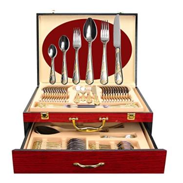 Imagem de Conjunto de talheres de ouro luxuosos da Venezia Collection, 75 peças, para 12 c/estojo de armazenamento de madeira, serviço de talheres de jantar premium banhado a 24 quilates, 18/10 cerâmica, talheres de aço inoxidável cirúrgico, conjunto de servir em um tórax, Hampton, 1