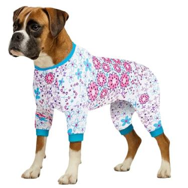 Imagem de LovinPet Pijama para cães de raça grande – Roupas para cães antilambidas e ansiedade, tecido elástico leve, estampa floral bonita, macacão para cães grandes, fantasia de cachorro Pitbull, roupa de