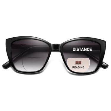 Imagem de PUBOWT Óculos de sol de leitura bifocais para mulheres, olho de gato, moderno, leitor de sol, dobradiça, mola, proteção UV, PT2001C, Leitor de sol bifocal/preto, L