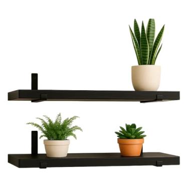 Imagem de Kit com 2 prateleiras de madeira industrial com suporte invertido mão francesa(60 Centímetros,Preto)