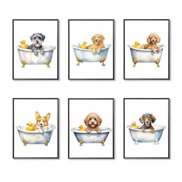 Imagem de Yaneiro 6 peças de impressão em tela de parede de banheiro de cachorro, banheira de cachorro fofo com imagens de pato de borracha, arte engraçada de animais de estimação para quarto de crianças