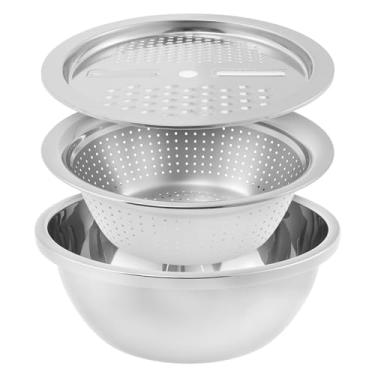 Imagem de Bacia de aço inoxidável com ralador, cortador de legumes 3 em 1 com cesta de drenagem, lavatório de vegetais, coador de lavatório, coador de lavatório de 26 cm girador de salada de frutas vegetais e