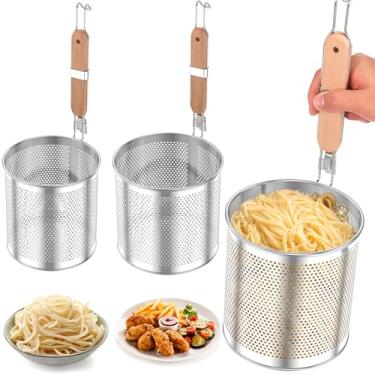 Imagem de Cesta de macarrão de aço inoxidável com cabo de madeira para ferver, coar e fritar