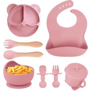 Imagem de Kit Introdução Alimentar Bebê 8 Peças – Silicone Alimentar Premium Atóxico Livre de BPA – Prato com Ventosa, Bowl, Babador Coletor, Copo Antivazamento, Talheres BLW Seguros (Rosa Claro)