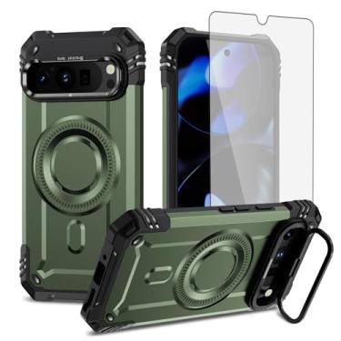 Imagem de Furiet Capa de celular para Google Pixel 9 Pro XL e protetor de tela de vidro temperado com 2 camadas, amortecedor rígido, carregamento sem fio, suporte Magsafe, à prova de choque, silicone macio