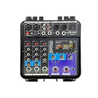 Imagem de VEDO Mixer de áudio profissional portátil de 4 canais com dois amplificadores de 150 W, Bluetooth 5.0, fonte de alimentação de 48 V e porta USB para PC/MP3 para apresentações ao vivo e conferências
