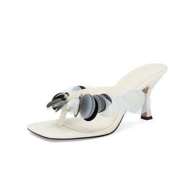 Imagem de XBKXMK Chinelo de salto feminino quadrado aberto com tiras sandálias elegantes de salto gatinho com tiras de disco de plástico confortável deslizante, Branco, 37