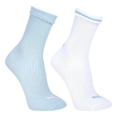 Imagem de Kit Meia Puma Cano Médio 2 Pares Feminino, Branco, Azul claro, 34/39