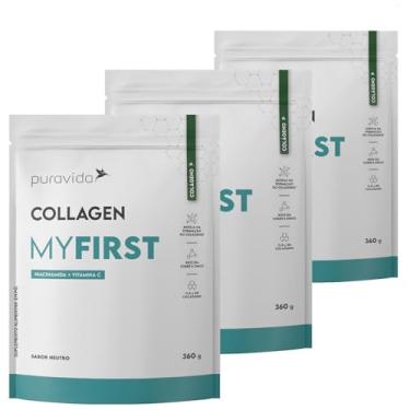 Imagem de Kit 3 Unidades My First Collagen Puravida - Colágeno Vitamina C Niacinamida 1080g Total Sabor Neutro Primeiro Suplemento Fórmula Completa Pack Economia
