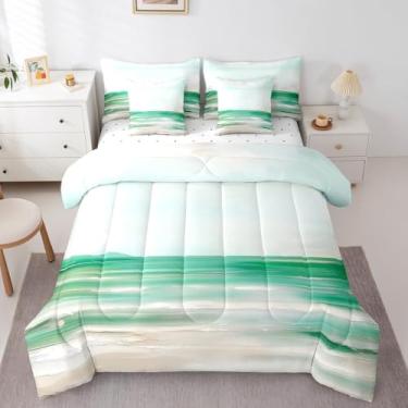 Imagem de Erosebridal Conjunto de edredom de praia abstrata, 7 peças, com pintura a óleo, verde, para adolescentes, oceano, onda, lago, cama, verão, paisagem natural, Havaí, fazenda, conjunto de lençol