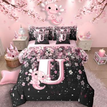 Imagem de Erosebridal Conjunto de cama axolotl rosa para meninas adolescentes (rosa e preto, 7 peças, tamanho solteiro) – Lindo conjunto de edredom com letra U com letra U e flor de cerejeira com design inicial