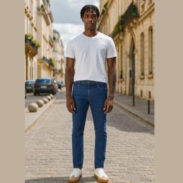 Imagem de Calça Jeans Slim Masculino Cintura Média  Azul Marinho Casual e Elegan