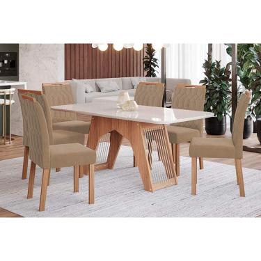 Imagem de Conjunto: Mesa de Cozinha Carol Tampo Madeirado c/ Vidro 180x90cm e 6 Cadeiras Paola Nature/Suede Joli Chocolate - Cimol