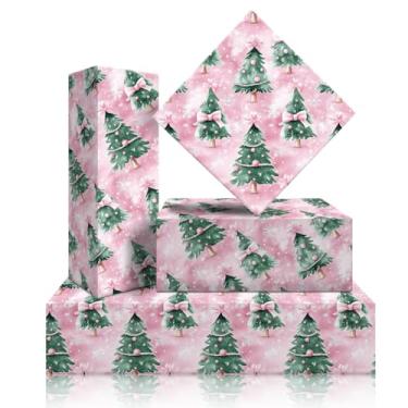 Imagem de Papel de embrulho rosa de Natal para crianças e adultos, árvore de Natal com laço rosa, floco de neve, papel de embrulho de presente de inverno, 4 folhas para suprimentos de festa de Natal, decoração