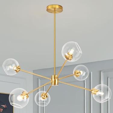 Imagem de KoKo&Yukina Lustre Sputnik de Globo de 6 Luzes Moderno Dourado Sputnik Lustre Pingente de Meados do Século Luz Acabamento Dourado com Globo Transparente Lustres de Abajur de Vidro para Sala de Jantar