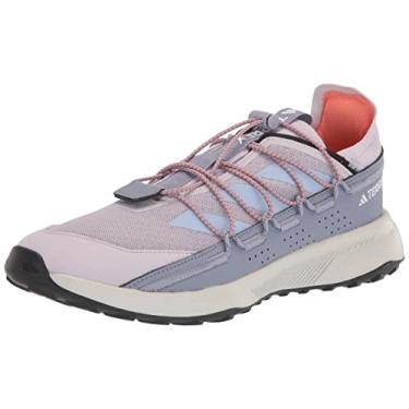 Imagem de adidas Tênis de corrida feminino Terrex Voyager 21 Trail – Tênis de caminhada, Silver Dawn/Blue Dawn/Solar Gold, 38