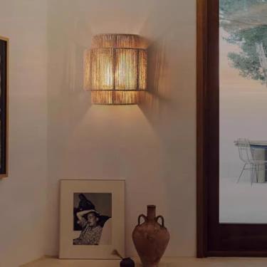 Imagem de Luminária de parede de vime Luminária de parede de corda de cânhamo vintage para ambientes internos Luminária de parede de design boho feita à mão em material natural E27 Luminária de parede