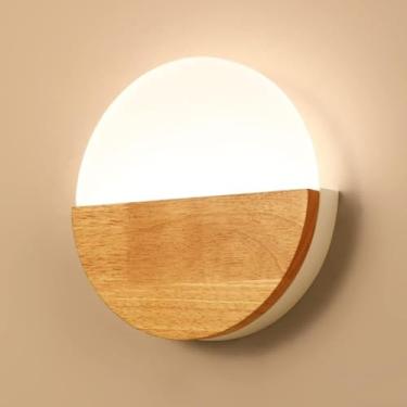 Imagem de Luminárias de parede LED de três cores reguláveis para quarto, abajur nórdico criativo redondo de acrílico, luminária de parede, corpo de lâmpada de madeira original, arandelas de parede par