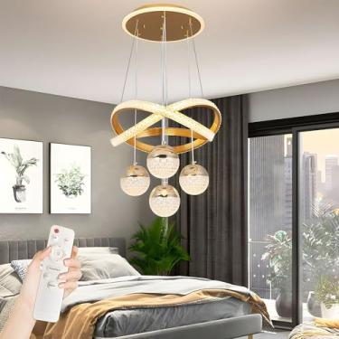 Imagem de Luminária pendente LED moderna com regulagem de intensidade, lustre de cristal para sala de jantar, sala de estar, quarto, cozinha, ilha, teto com altura ajustável e controle remoto (acabame