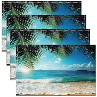 Imagem de jejeloiu Jogo americano com tema de praia, conjunto de 4 tapetes de mesa de folha de palmeira, mar, oceano, onda, verão, litoral, cenário natural, tapete para cozinha, mesa de jantar, decoração de