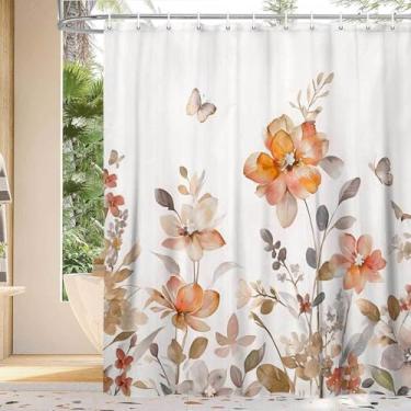 Imagem de YDIDIAN Cortina de chuveiro floral laranja, laranja lavanda floral borboleta boho cortinas de chuveiro para banheiro, flor Farmhous conjunto de cortina de chuveiro de tecido bonito com 12 peças de